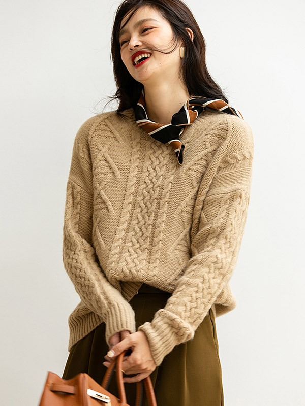 Khaki Retro Twist Crew Neck Knit Sweaters