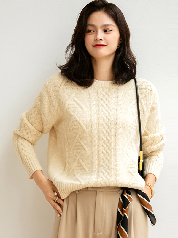 Apricot Retro Twist Crew Neck Knit Sweaters