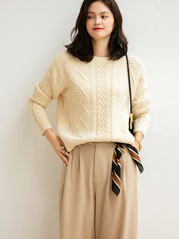 Apricot Retro Twist Crew Neck Knit Sweaters