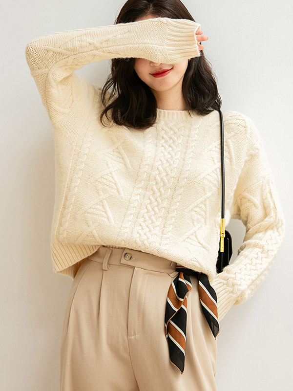 Apricot Retro Twist Crew Neck Knit Sweaters