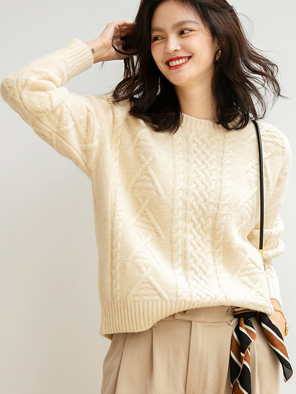 Apricot Retro Twist Crew Neck Knit Sweaters