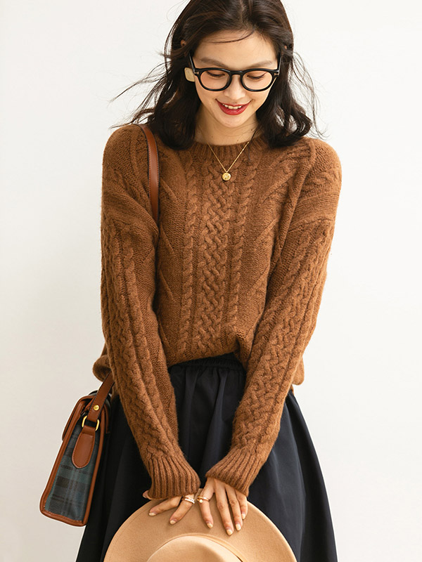 Brown Retro Twist Crew Neck Knit Sweaters