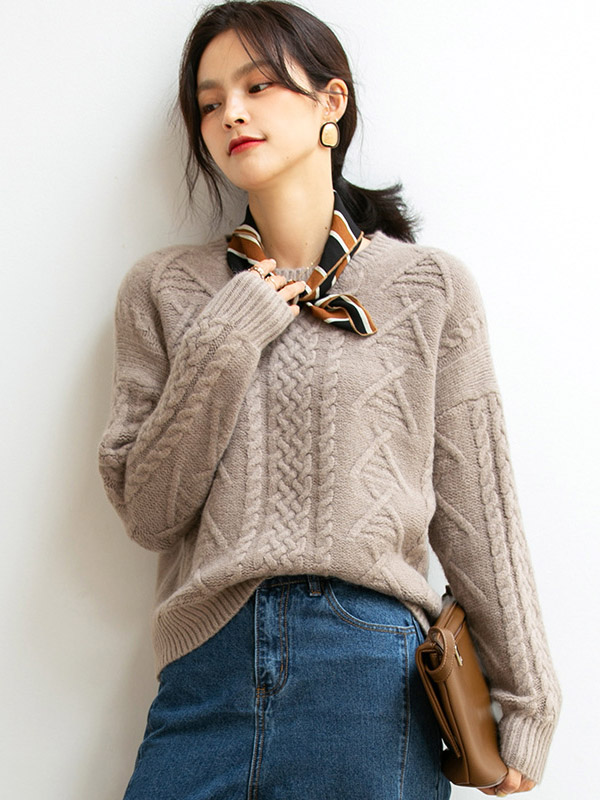 Camel Retro Twist Crew Neck Knit Sweaters