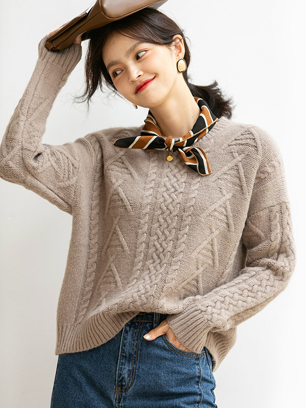 Camel Retro Twist Crew Neck Knit Sweaters