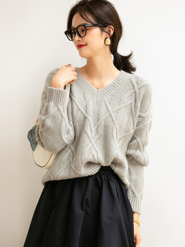 Grey Twisted V-neck Loose Warm Knit Sweaters