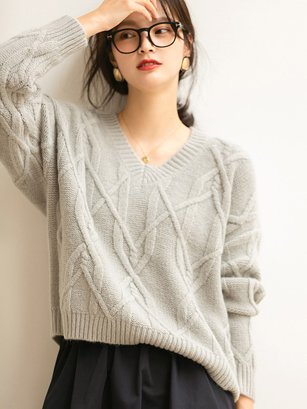 Grey Twisted V-neck Loose Warm Knit Sweaters