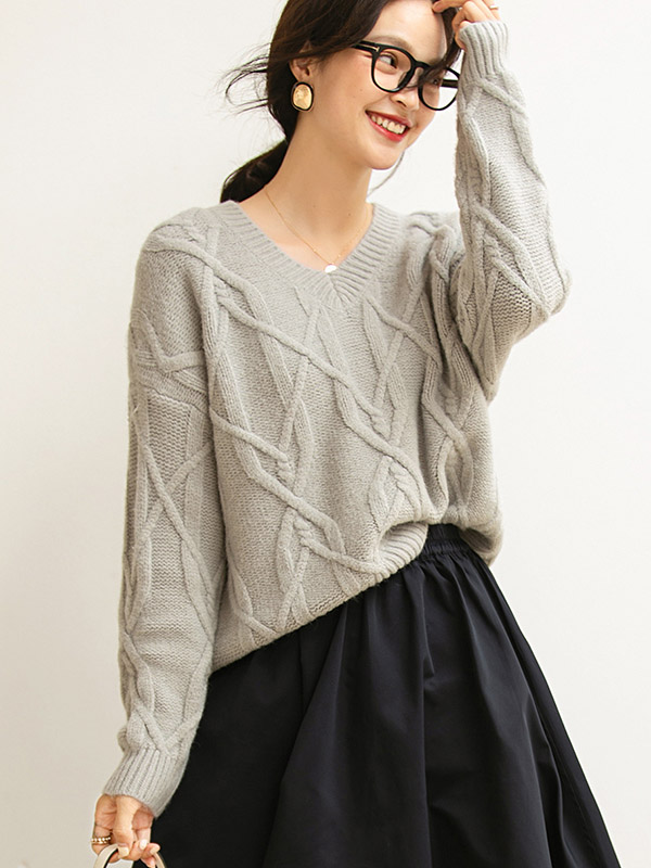 Grey Twisted V-neck Loose Warm Knit Sweaters