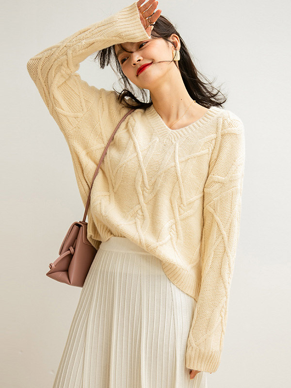 Apricot Twisted V-neck Loose Warm Knit Sweaters