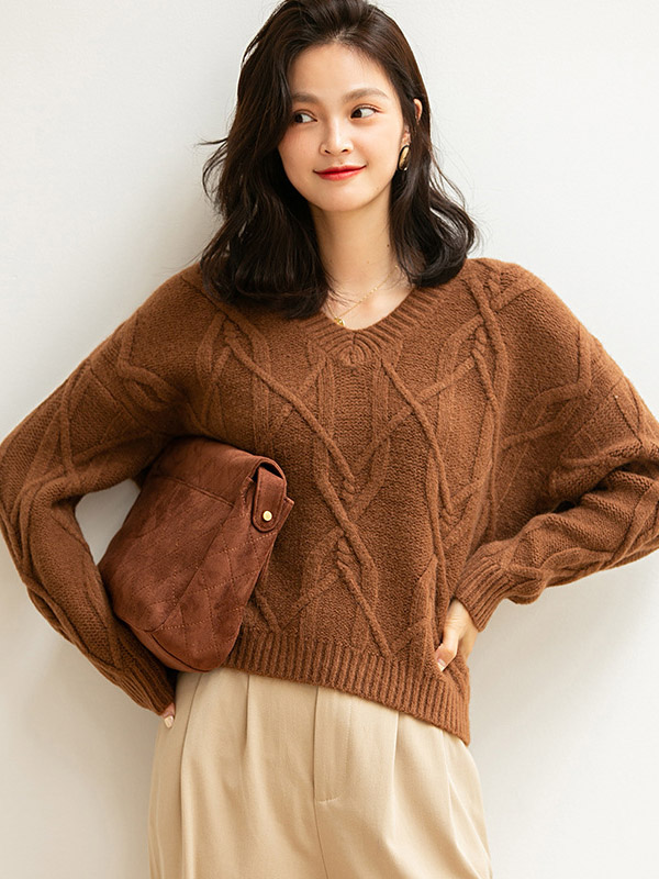 Brown Twisted V-neck Loose Warm Knit Sweaters