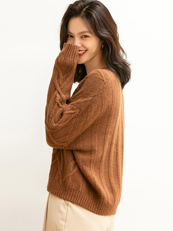 Brown Twisted V-neck Loose Warm Knit Sweaters