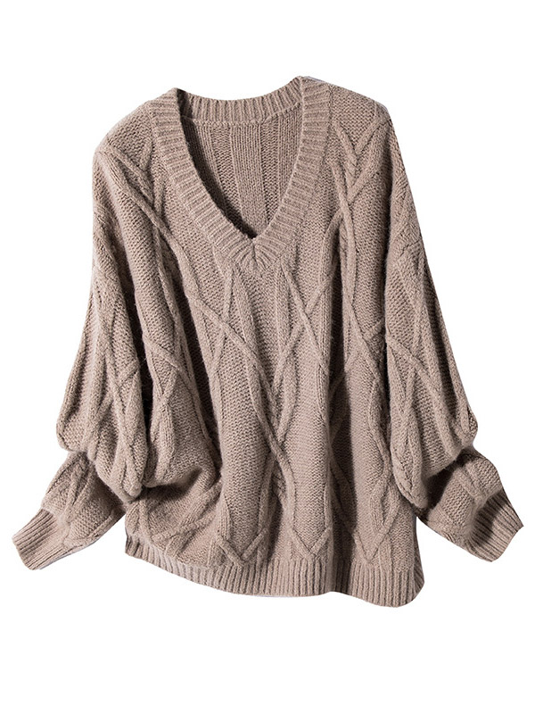 Camel Twisted V-neck Loose Warm Knit Sweaters