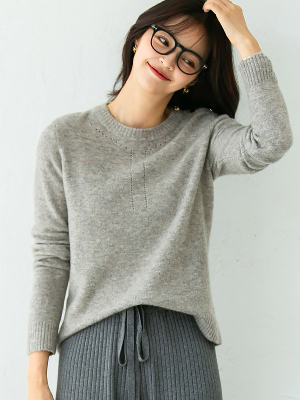 Grey Round Neck Loose Solid Color Knit Sweaters