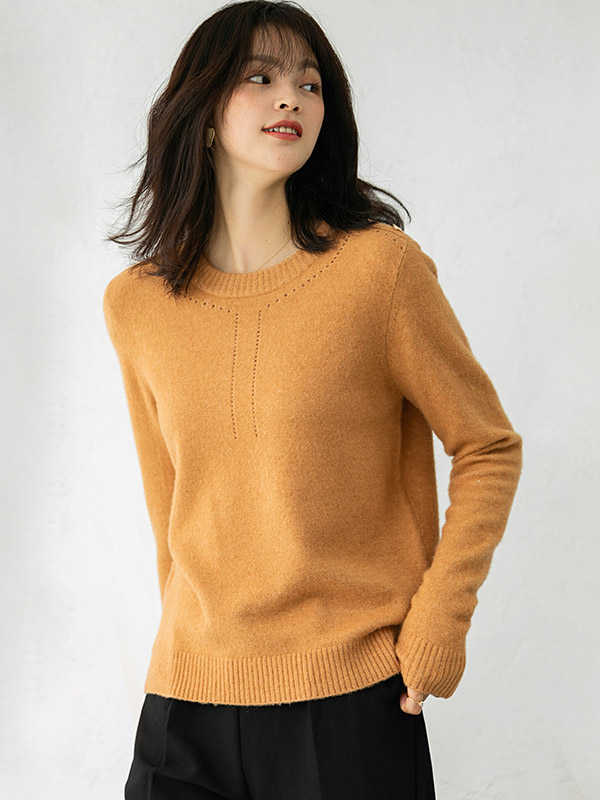 Orange Round Neck Loose Solid Color Knit Sweaters