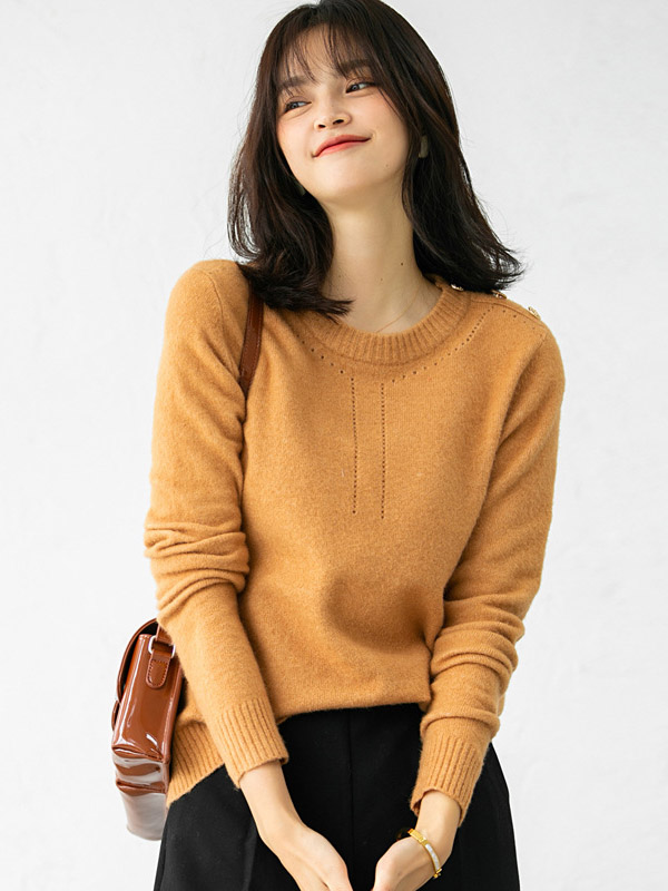 Orange Round Neck Loose Solid Color Knit Sweaters