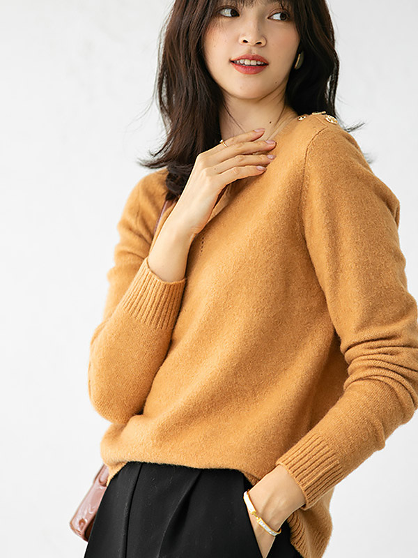 Orange Round Neck Loose Solid Color Knit Sweaters