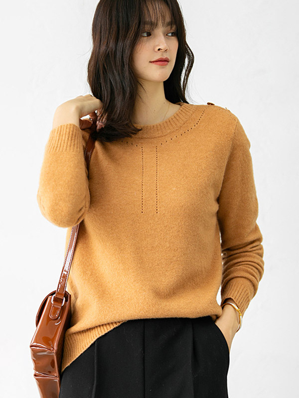 Orange Round Neck Loose Solid Color Knit Sweaters