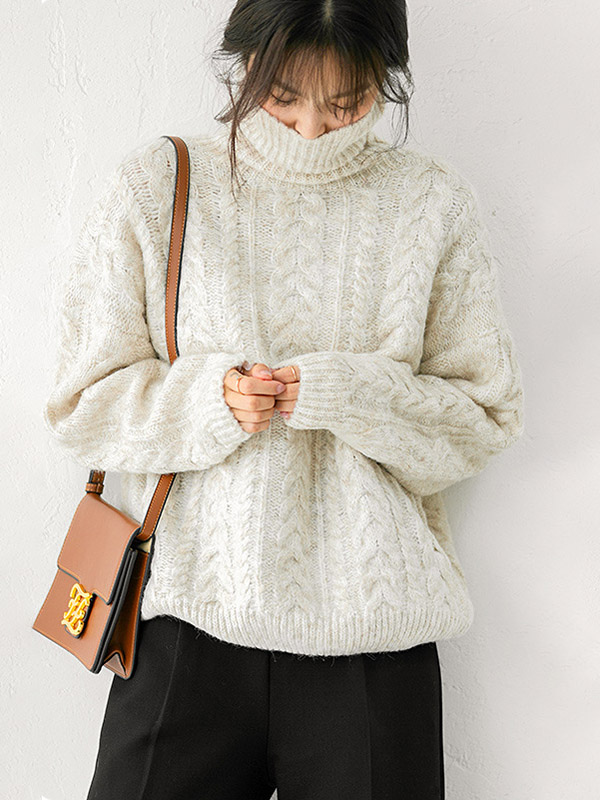 Apricot Turtleneck Twist Thick Knit Sweaters