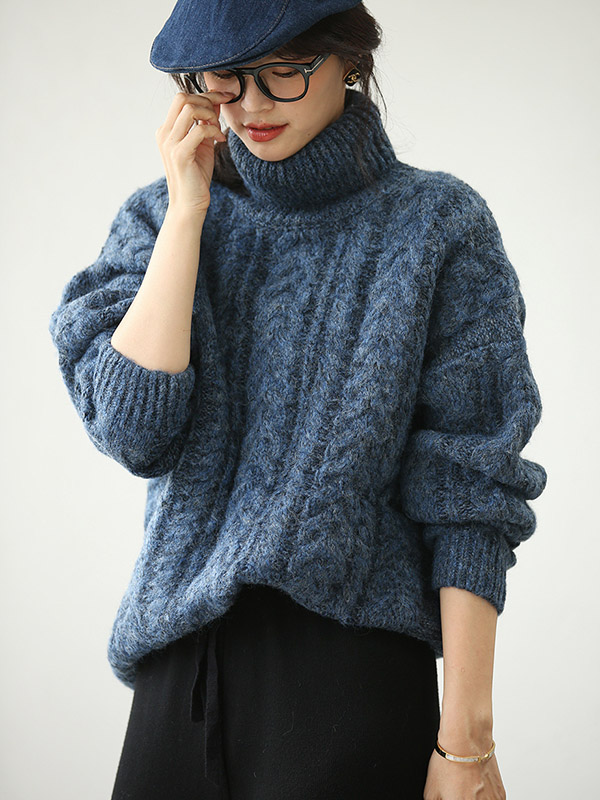 Navy Blue Turtleneck Twist Thick Knit Sweaters