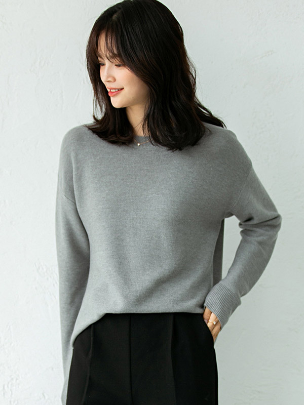 Grey Round Neck Long Sleeves Split Sweaters