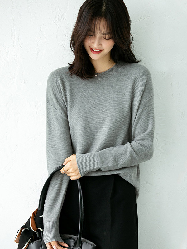 Grey Round Neck Long Sleeves Split Sweaters