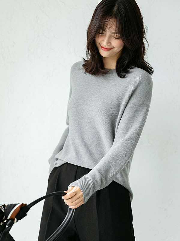 Grey Round Neck Long Sleeves Split Sweaters