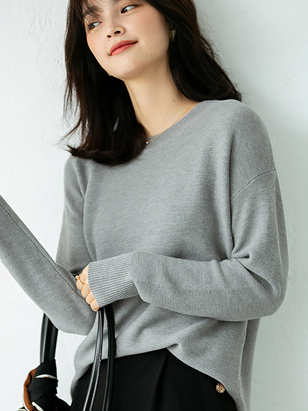 Grey Round Neck Long Sleeves Split Sweaters