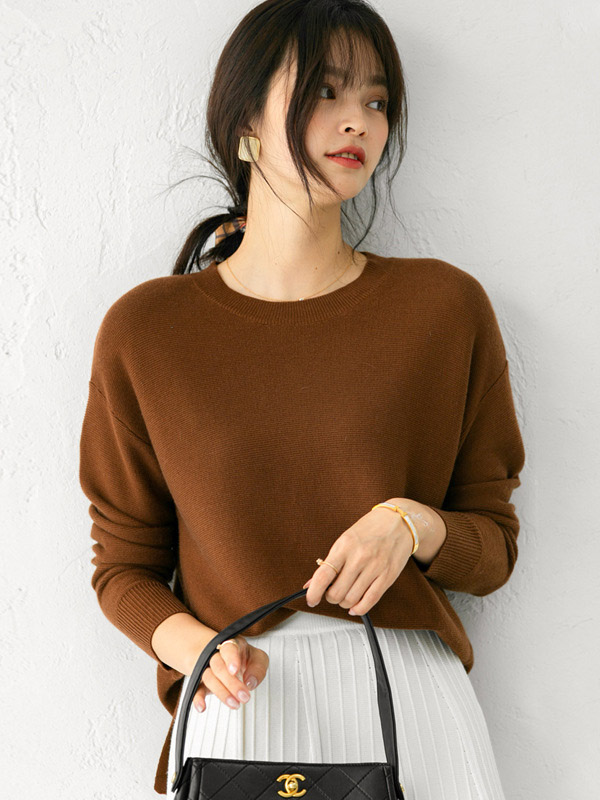 Brown Round Neck Long Sleeves Split Sweaters