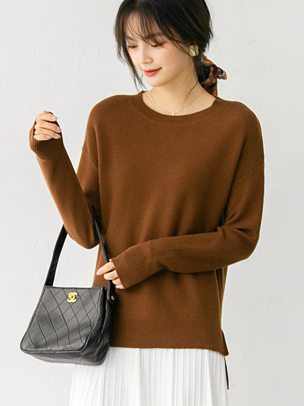 Brown Round Neck Long Sleeves Split Sweaters