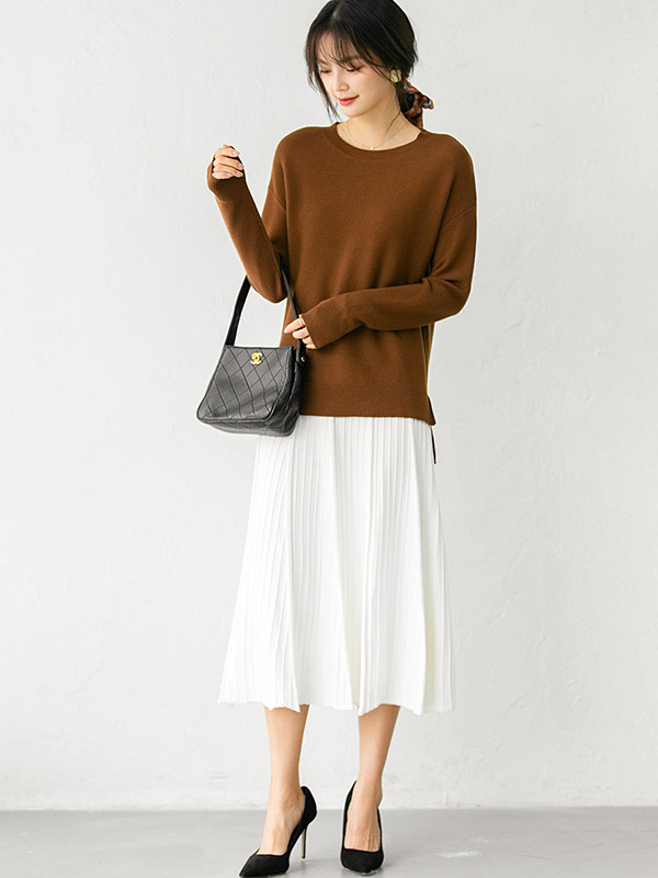 Brown Round Neck Long Sleeves Split Sweaters