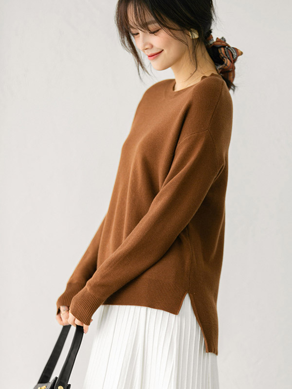 Brown Round Neck Long Sleeves Split Sweaters