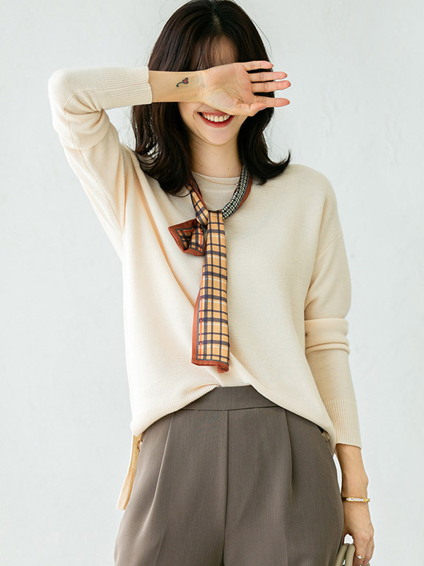 Apricot Round Neck Long Sleeves Split Sweaters