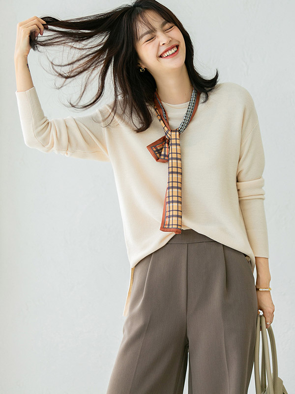 Apricot Round Neck Long Sleeves Split Sweaters