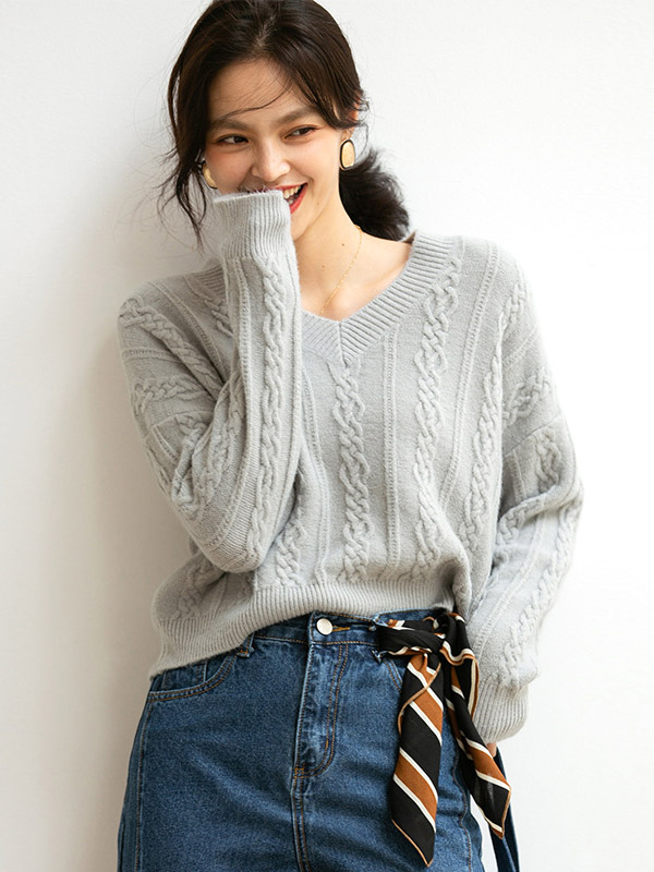 Grey Dyeing V-neck Twist Loose Knit Sweaters