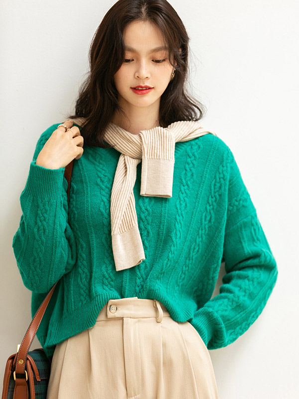 Green Dyeing V-neck Twist Loose Knit Sweaters