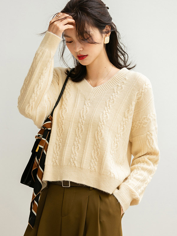 Apricot Dyeing V-neck Twist Loose Knit Sweaters