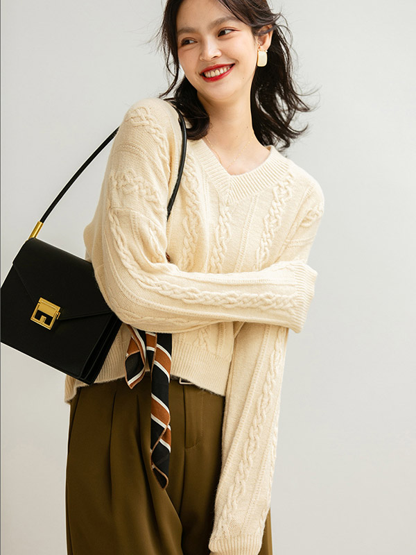 Apricot Dyeing V-neck Twist Loose Knit Sweaters