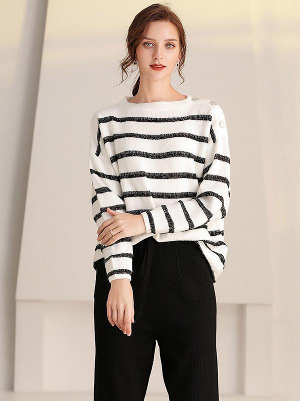 Black and White Striped Sweater with Button Decoration