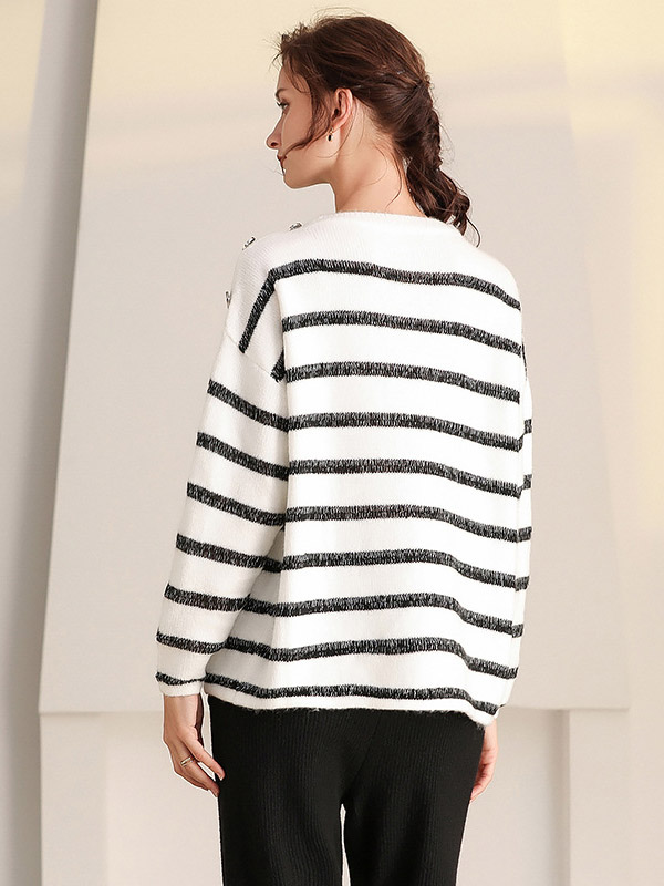 Black and White Striped Sweater with Button Decoration