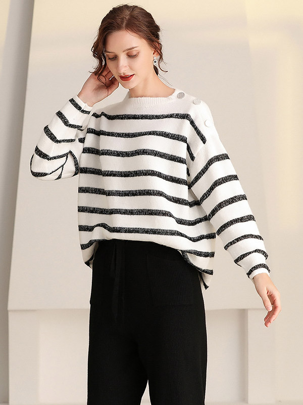 Black and White Striped Sweater with Button Decoration