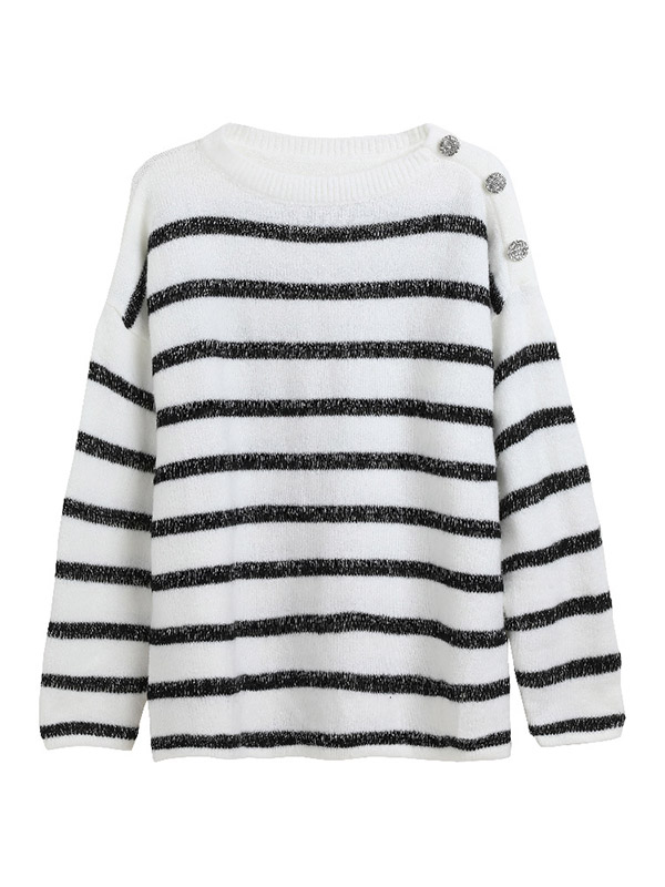 Black and White Striped Sweater with Button Decoration