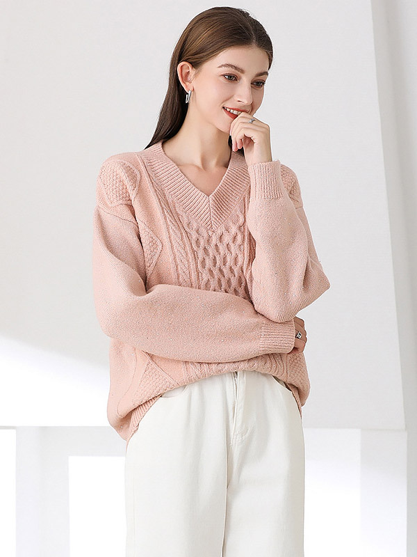 Pink Thick Knitted V-neck Sweater