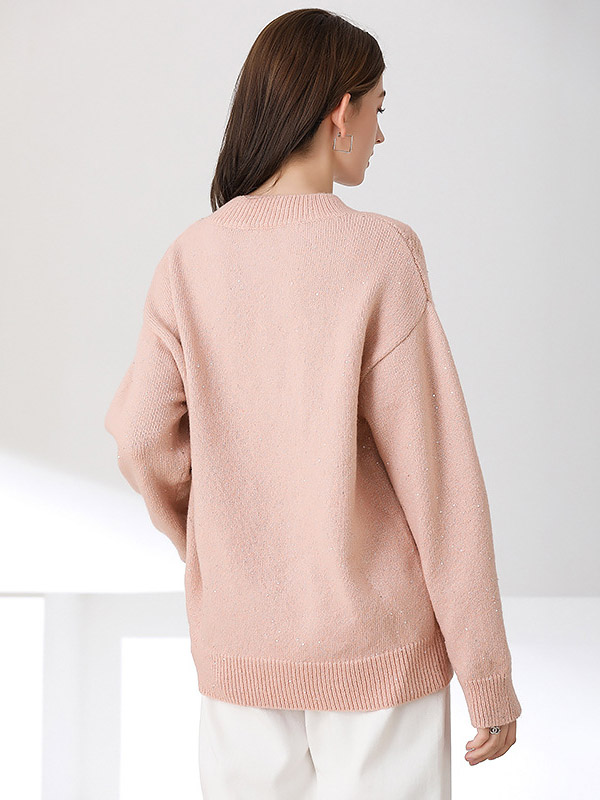 Pink Thick Knitted V-neck Sweater