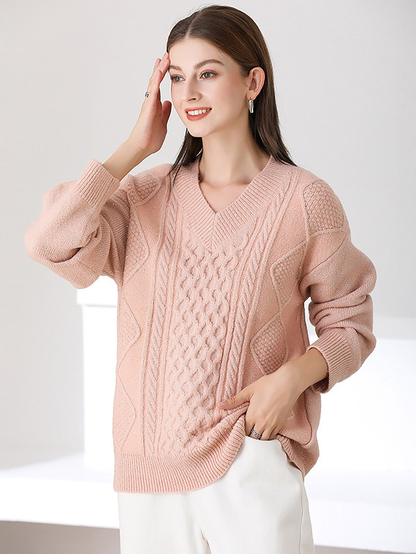 Pink Thick Knitted V-neck Sweater