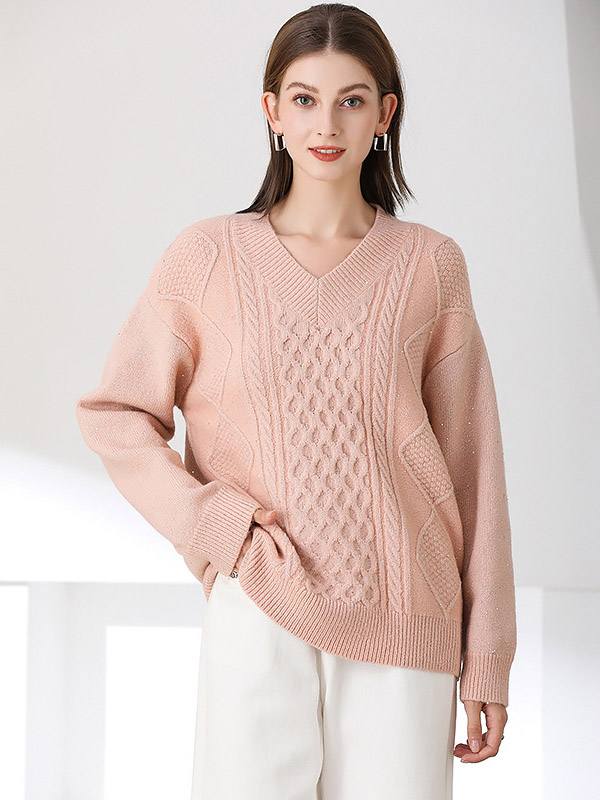 Pink Thick Knitted V-neck Sweater