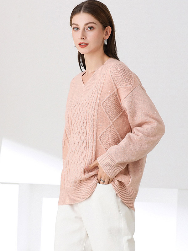 Pink Thick Knitted V-neck Sweater