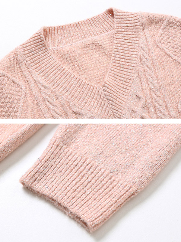 Pink Thick Knitted V-neck Sweater