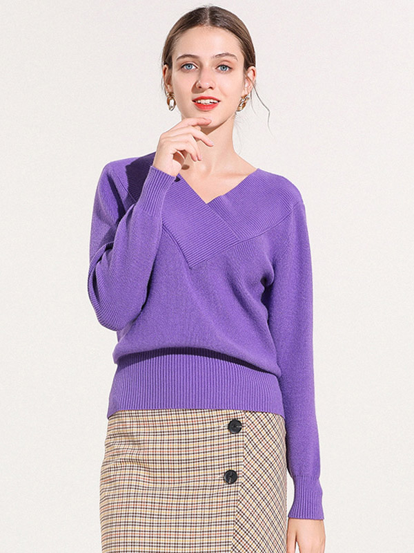 Purple Ribbed Trims V-neck Knitted Sweater