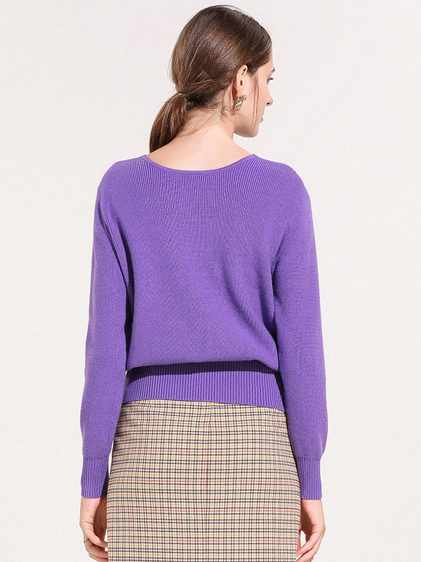 Purple Ribbed Trims V-neck Knitted Sweater