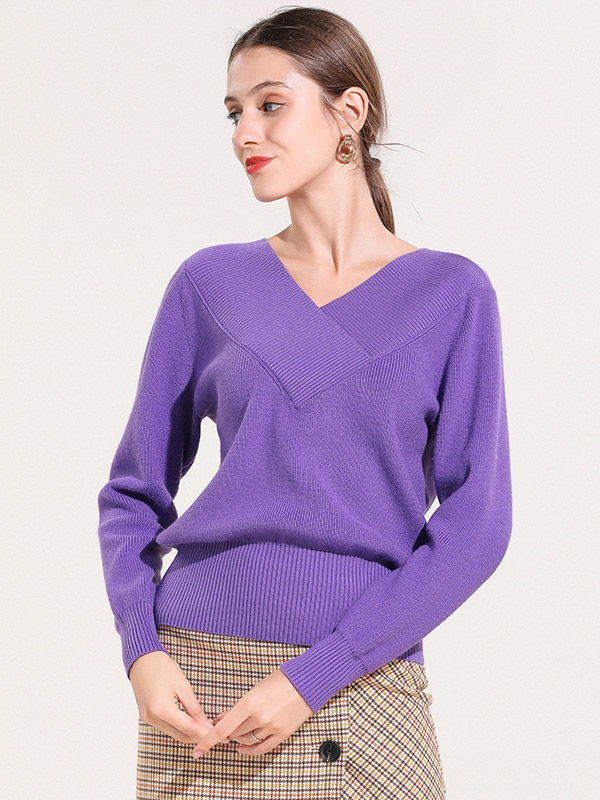 Purple Ribbed Trims V-neck Knitted Sweater