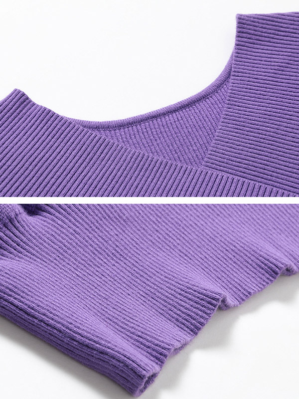 Purple Ribbed Trims V-neck Knitted Sweater